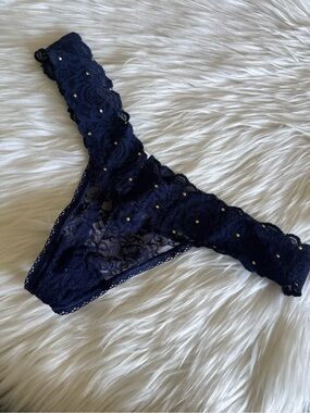 Victoria’s Secret Lace Thong Panty in Navy with Gold Accents